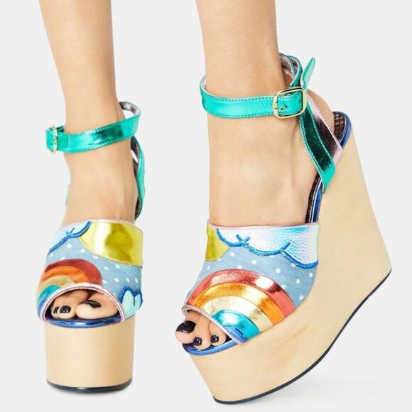 IRREGULAR CHOICE Funshine Retro 70s Rainbow Platform Wedge Sandals Heels Novelty - Picture 3 of 12